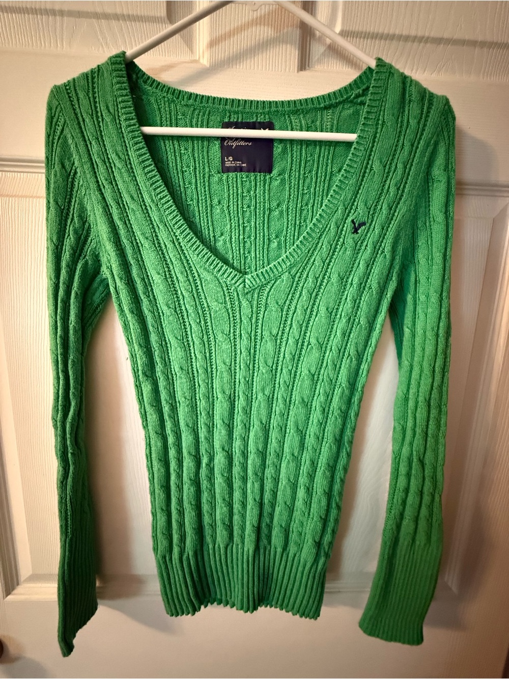 American Eagle Outfitters Bright Green Cable V-Neck Sweater